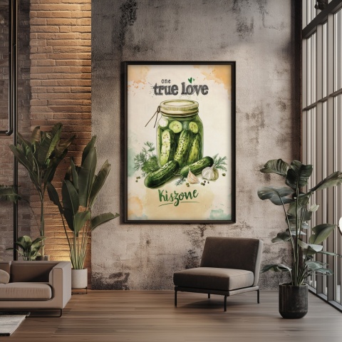 Plakat „One True Love – Kiszone klasycznie” – słoik kiszonych ogórków z czosnkiem i przyprawami w stylu akwarelowym