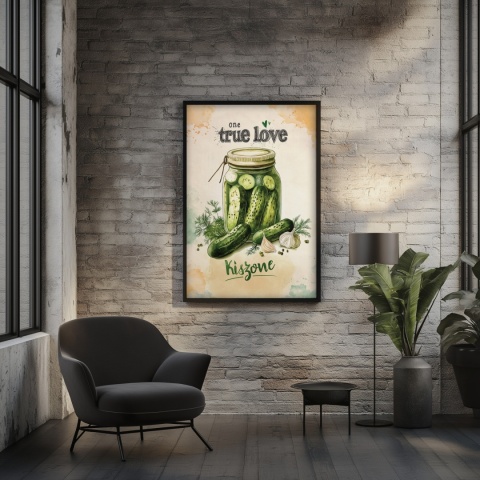 Plakat „One True Love – Kiszone klasycznie” – słoik kiszonych ogórków z czosnkiem i przyprawami w stylu akwarelowym