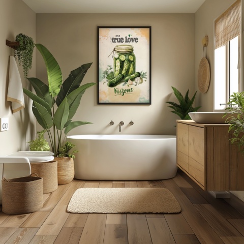 Plakat „One True Love – Kiszone klasycznie” – słoik kiszonych ogórków z czosnkiem i przyprawami w stylu akwarelowym