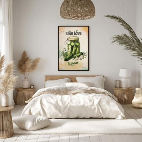 Plakat „One True Love – Kiszone klasycznie” – słoik kiszonych ogórków z czosnkiem i przyprawami w stylu akwarelowym