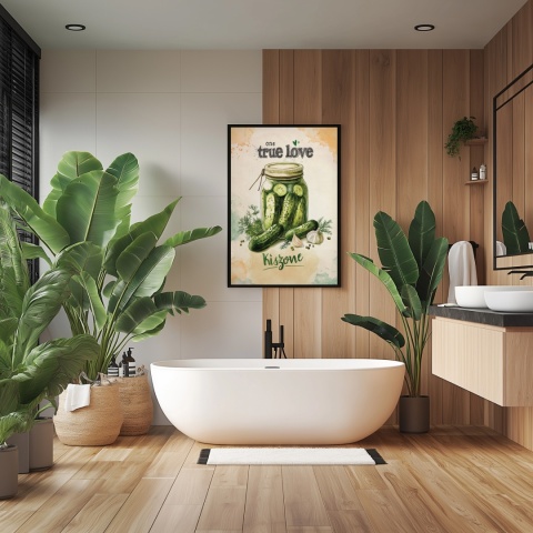 Plakat „One True Love – Kiszone klasycznie” – słoik kiszonych ogórków z czosnkiem i przyprawami w stylu akwarelowym