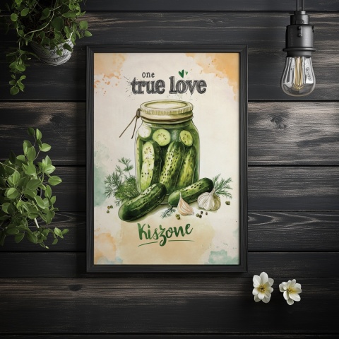 Plakat „One True Love – Kiszone klasycznie” – słoik kiszonych ogórków z czosnkiem i przyprawami w stylu akwarelowym