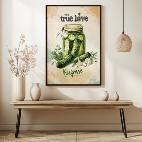 Plakat „One True Love – Kiszone klasycznie” – słoik kiszonych ogórków z czosnkiem i przyprawami w stylu akwarelowym