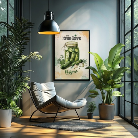 Plakat „One True Love – Kiszone klasycznie” – słoik kiszonych ogórków z czosnkiem i przyprawami w stylu akwarelowym