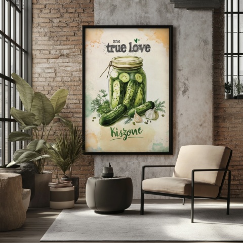 Plakat „One True Love – Kiszone klasycznie” – słoik kiszonych ogórków z czosnkiem i przyprawami w stylu akwarelowym