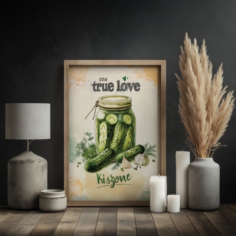 Plakat „One True Love – Kiszone klasycznie” – słoik kiszonych ogórków z czosnkiem i przyprawami w stylu akwarelowym