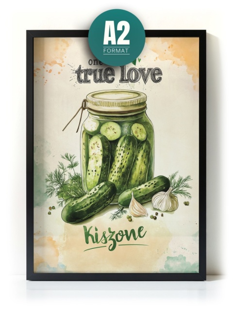 Plakat „One True Love – Kiszone klasycznie” – słoik kiszonych ogórków z czosnkiem i przyprawami w stylu akwarelowym