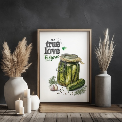 Plakat „One True Love – Kiszone klasycznie” – słoik kiszonych ogórków z czosnkiem i przyprawami w stylu akwarelowym