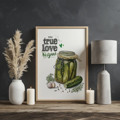 Plakat „One True Love – Kiszone klasycznie” – słoik kiszonych ogórków z czosnkiem i przyprawami w stylu akwarelowym