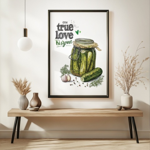 Plakat „One True Love – Kiszone klasycznie” – słoik kiszonych ogórków z czosnkiem i przyprawami w stylu akwarelowym