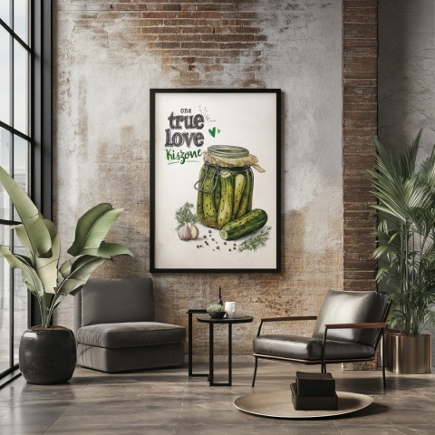 Plakat „One True Love – Kiszone klasycznie” – słoik kiszonych ogórków z czosnkiem i przyprawami w stylu akwarelowym