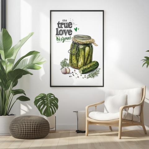 Plakat „One True Love – Kiszone klasycznie” – słoik kiszonych ogórków z czosnkiem i przyprawami w stylu akwarelowym