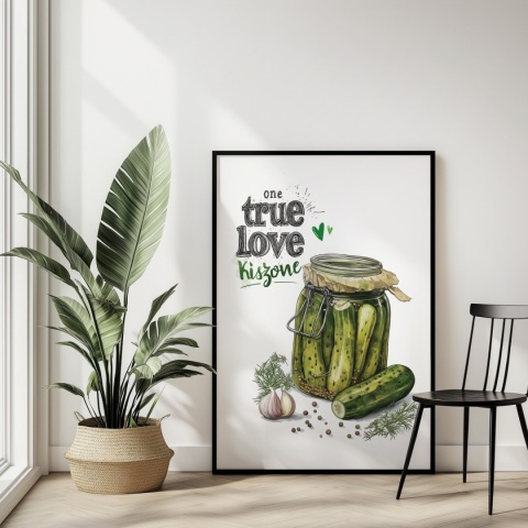 Plakat „One True Love – Kiszone klasycznie” – słoik kiszonych ogórków z czosnkiem i przyprawami w stylu akwarelowym