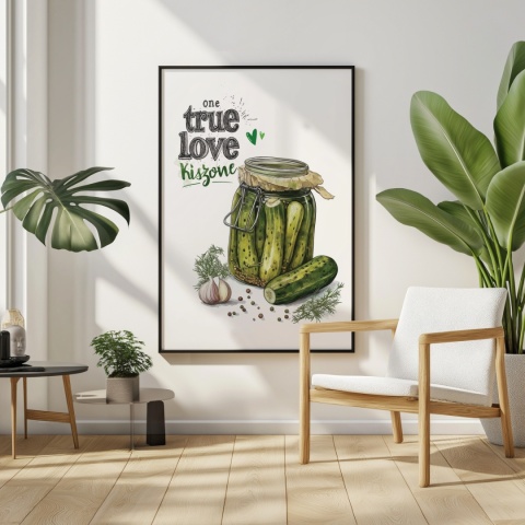 Plakat „One True Love – Kiszone klasycznie” – słoik kiszonych ogórków z czosnkiem i przyprawami w stylu akwarelowym