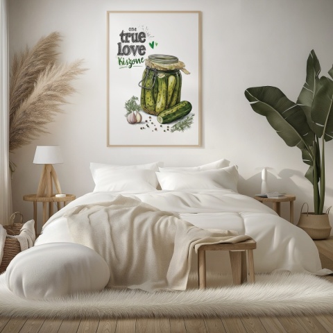 Plakat „One True Love – Kiszone klasycznie” – słoik kiszonych ogórków z czosnkiem i przyprawami w stylu akwarelowym
