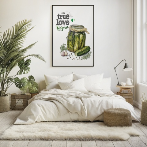 Plakat „One True Love – Kiszone klasycznie” – słoik kiszonych ogórków z czosnkiem i przyprawami w stylu akwarelowym