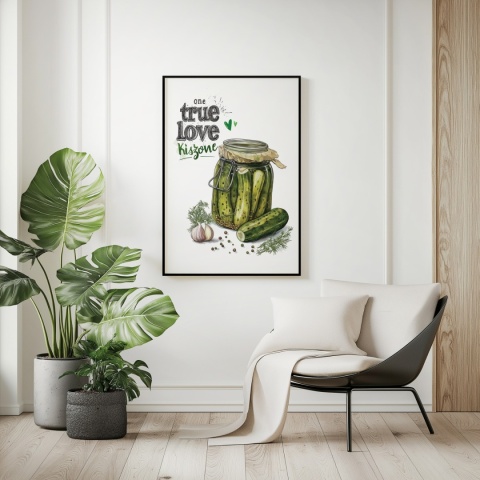 Plakat „One True Love – Kiszone klasycznie” – słoik kiszonych ogórków z czosnkiem i przyprawami w stylu akwarelowym