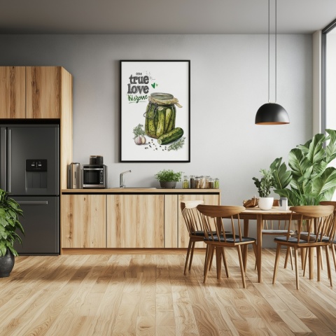 Plakat „One True Love – Kiszone klasycznie” – słoik kiszonych ogórków z czosnkiem i przyprawami w stylu akwarelowym