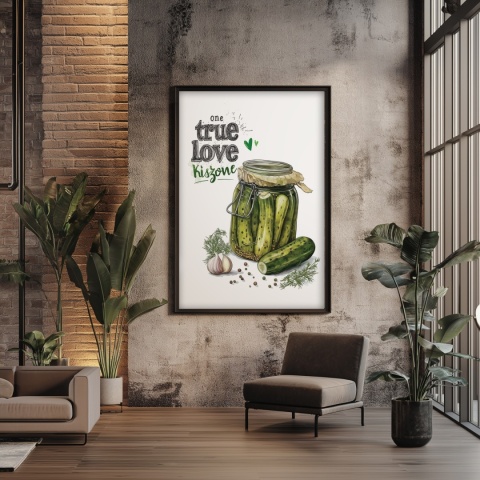 Plakat „One True Love – Kiszone klasycznie” – słoik kiszonych ogórków z czosnkiem i przyprawami w stylu akwarelowym