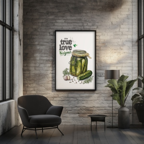 Plakat „One True Love – Kiszone klasycznie” – słoik kiszonych ogórków z czosnkiem i przyprawami w stylu akwarelowym