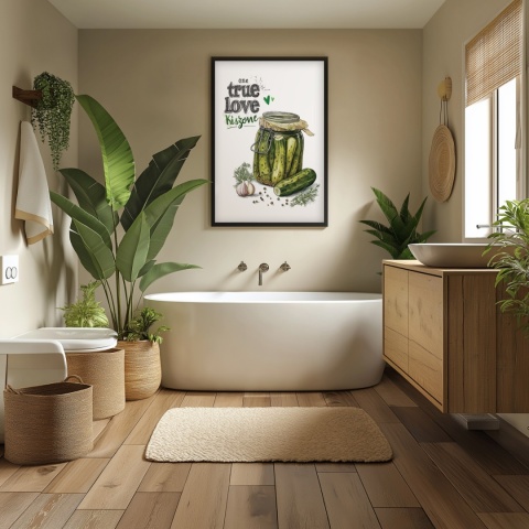 Plakat „One True Love – Kiszone klasycznie” – słoik kiszonych ogórków z czosnkiem i przyprawami w stylu akwarelowym