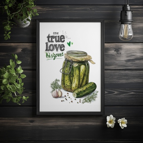 Plakat „One True Love – Kiszone klasycznie” – słoik kiszonych ogórków z czosnkiem i przyprawami w stylu akwarelowym