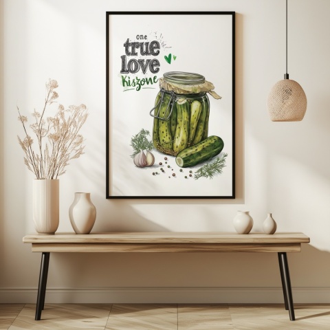 Plakat „One True Love – Kiszone klasycznie” – słoik kiszonych ogórków z czosnkiem i przyprawami w stylu akwarelowym
