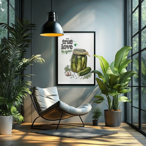 Plakat „One True Love – Kiszone klasycznie” – słoik kiszonych ogórków z czosnkiem i przyprawami w stylu akwarelowym