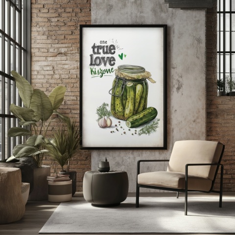 Plakat „One True Love – Kiszone klasycznie” – słoik kiszonych ogórków z czosnkiem i przyprawami w stylu akwarelowym