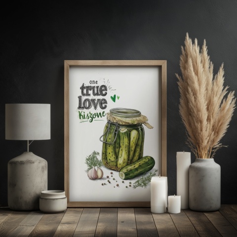 Plakat „One True Love – Kiszone klasycznie” – słoik kiszonych ogórków z czosnkiem i przyprawami w stylu akwarelowym