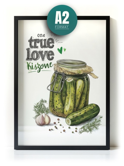 Plakat „One True Love – Kiszone klasycznie” – słoik kiszonych ogórków z czosnkiem i przyprawami w stylu akwarelowym