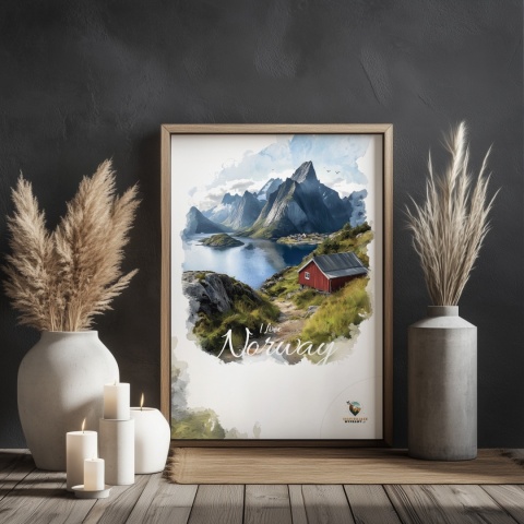 Plakat „Lofoty, wyspa zakotwiczona w niebie” – widok z góry na norweski port i fiordy