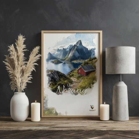 Plakat „Lofoty, wyspa zakotwiczona w niebie” – widok z góry na norweski port i fiordy