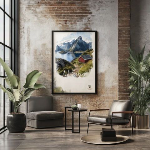 Plakat „Lofoty, wyspa zakotwiczona w niebie” – widok z góry na norweski port i fiordy