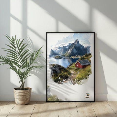 Plakat „Lofoty, wyspa zakotwiczona w niebie” – widok z góry na norweski port i fiordy