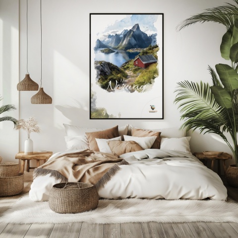 Plakat „Lofoty, wyspa zakotwiczona w niebie” – widok z góry na norweski port i fiordy