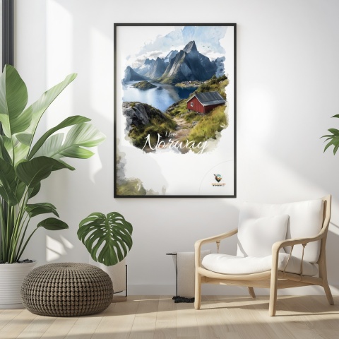 Plakat „Lofoty, wyspa zakotwiczona w niebie” – widok z góry na norweski port i fiordy