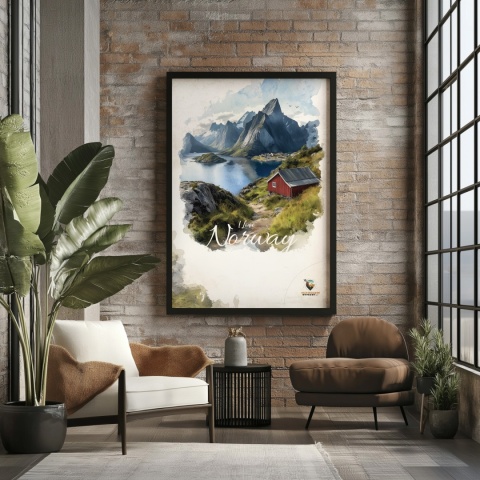 Plakat „Lofoty, wyspa zakotwiczona w niebie” – widok z góry na norweski port i fiordy