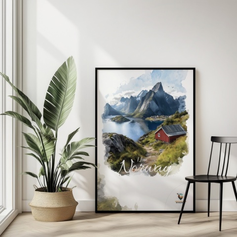 Plakat „Lofoty, wyspa zakotwiczona w niebie” – widok z góry na norweski port i fiordy