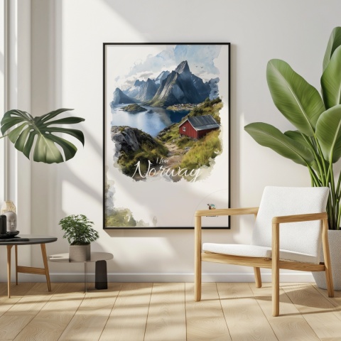 Plakat „Lofoty, wyspa zakotwiczona w niebie” – widok z góry na norweski port i fiordy