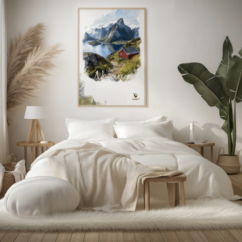 Plakat „Lofoty, wyspa zakotwiczona w niebie” – widok z góry na norweski port i fiordy