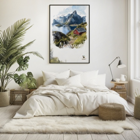 Plakat „Lofoty, wyspa zakotwiczona w niebie” – widok z góry na norweski port i fiordy