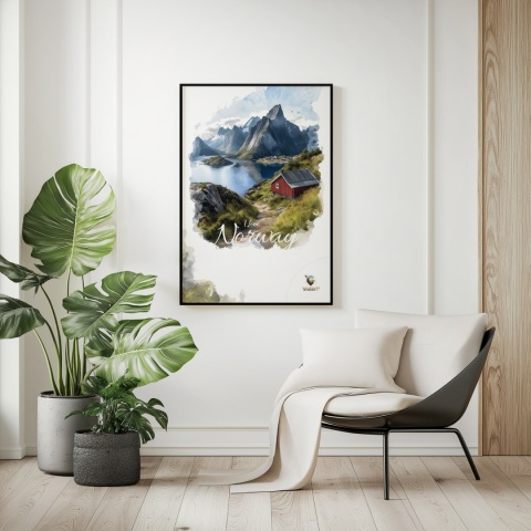 Plakat „Lofoty, wyspa zakotwiczona w niebie” – widok z góry na norweski port i fiordy