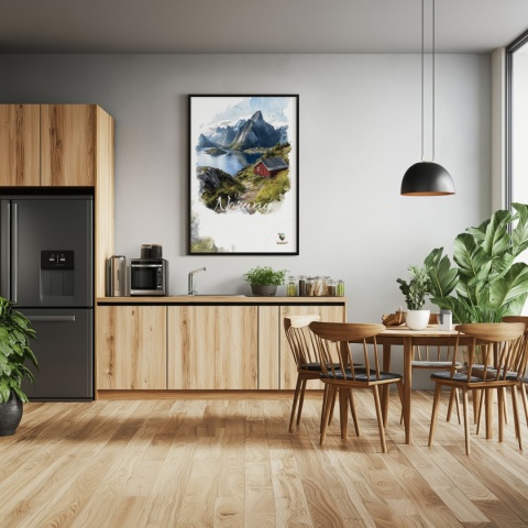 Plakat „Lofoty, wyspa zakotwiczona w niebie” – widok z góry na norweski port i fiordy