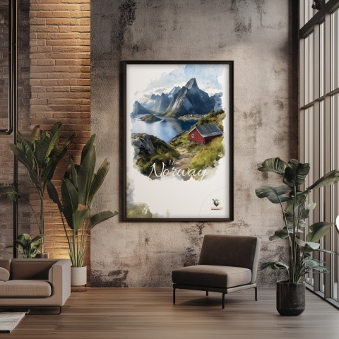 Plakat „Lofoty, wyspa zakotwiczona w niebie” – widok z góry na norweski port i fiordy