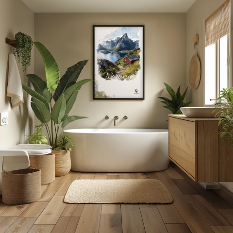 Plakat „Lofoty, wyspa zakotwiczona w niebie” – widok z góry na norweski port i fiordy