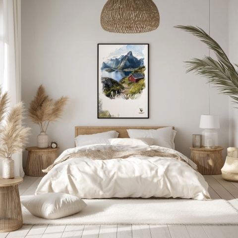 Plakat „Lofoty, wyspa zakotwiczona w niebie” – widok z góry na norweski port i fiordy