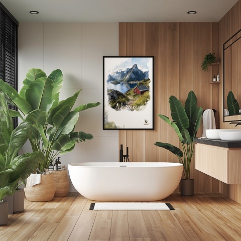 Plakat „Lofoty, wyspa zakotwiczona w niebie” – widok z góry na norweski port i fiordy