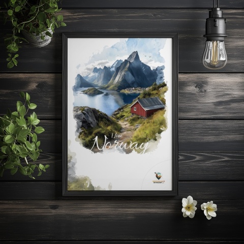 Plakat „Lofoty, wyspa zakotwiczona w niebie” – widok z góry na norweski port i fiordy