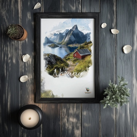 Plakat „Lofoty, wyspa zakotwiczona w niebie” – widok z góry na norweski port i fiordy